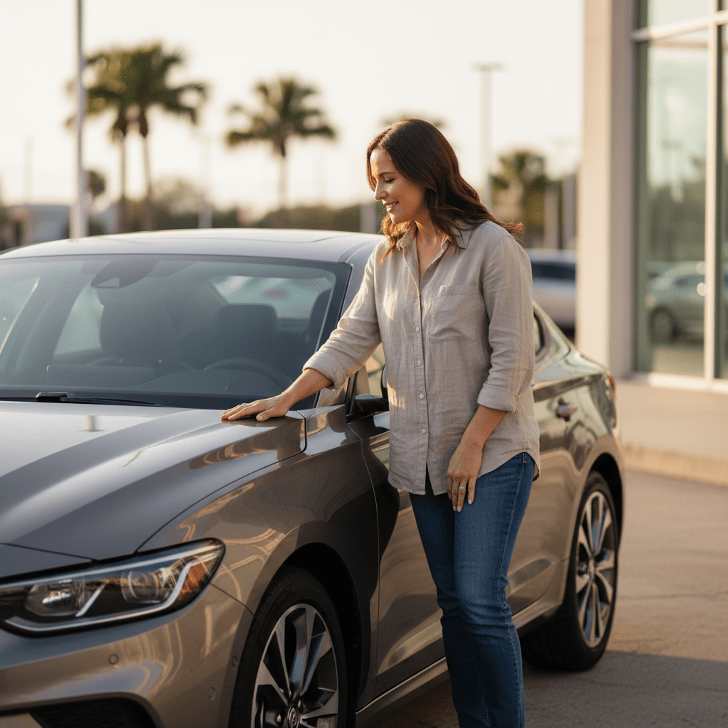 Customer examining sedan vehicle on dealership lot