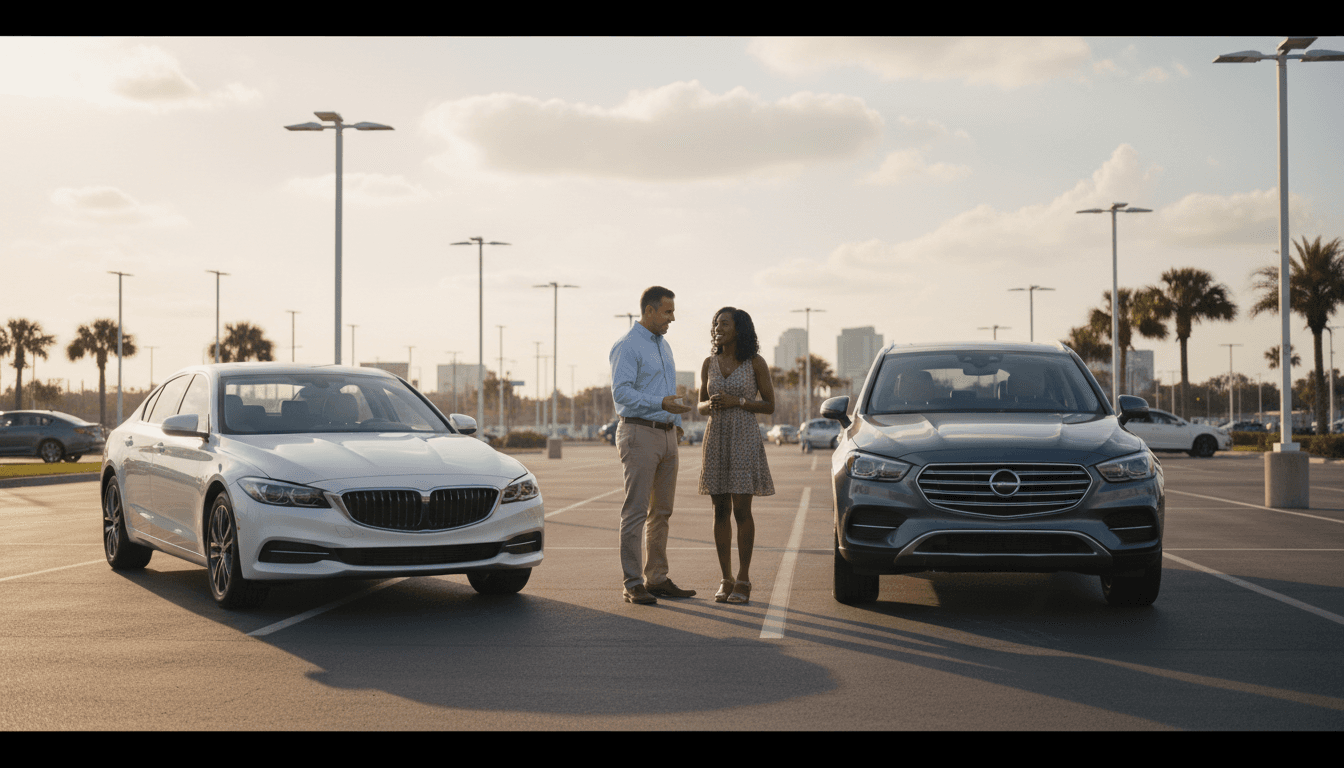 Couple reviewing vehicles together at a Tampa car dealership lot