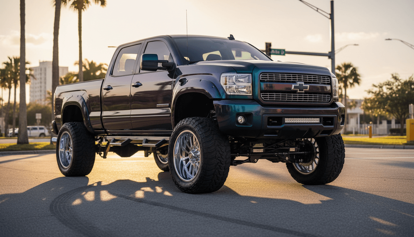 Customized lifted truck parked in bright sunlight, showcasing polished details and elevated suspension