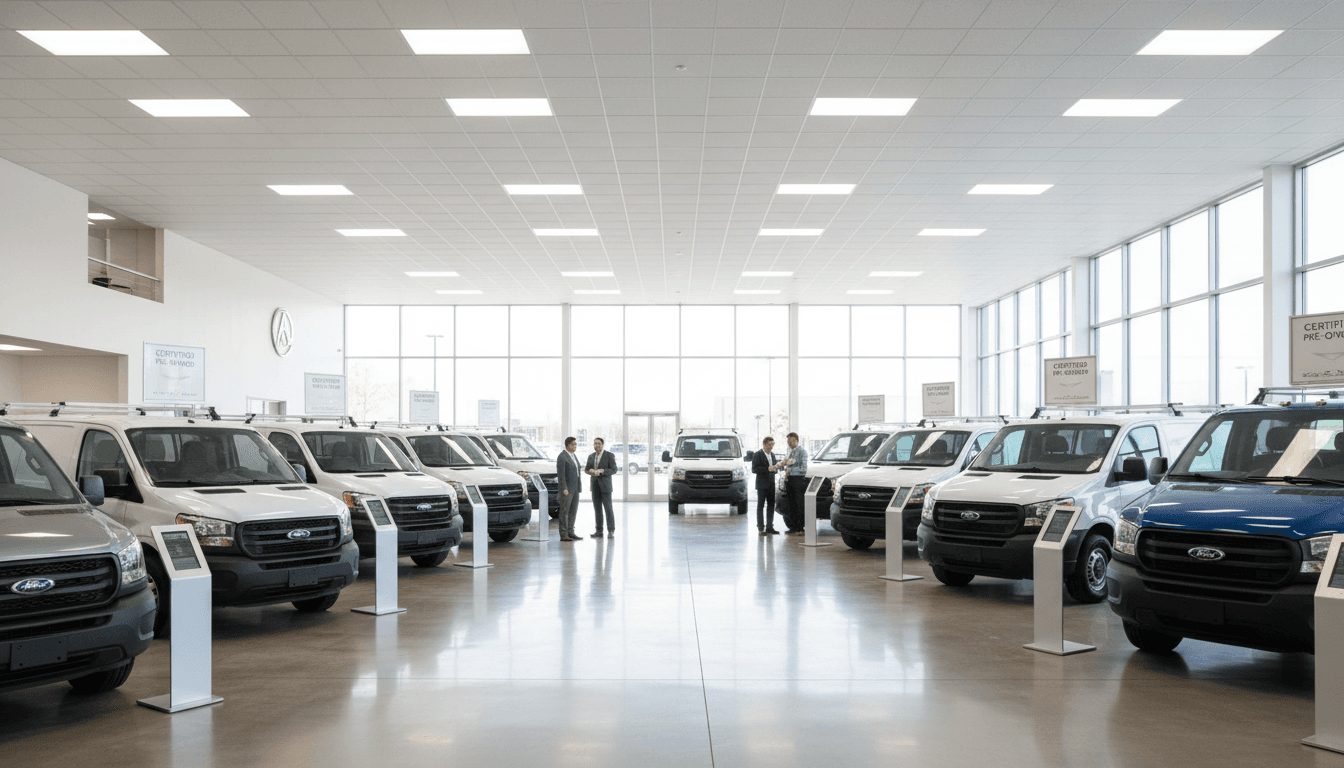Professional automotive salesman standing beside a customized lifted truck in a bright Tampa dealership showroom