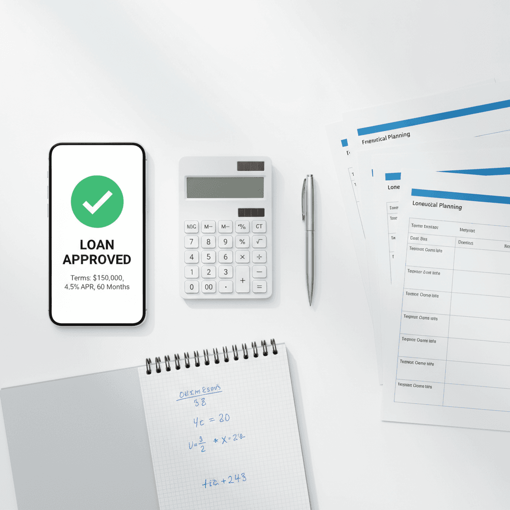 Overhead view of approved loan documents, smartphone with green checkmark, calculator, and notepad on white desk