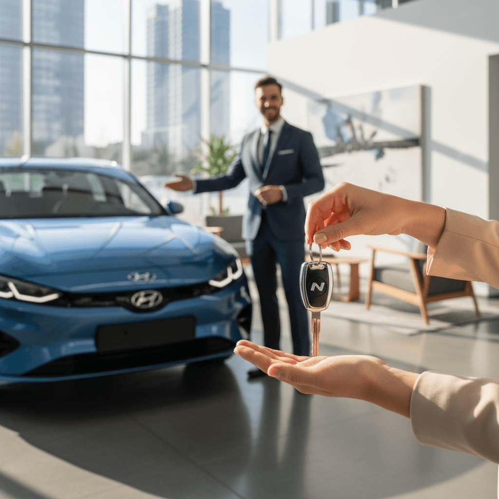 Customer shaking hands with a sales representative at Stamper Motor Cars showroom in Tampa